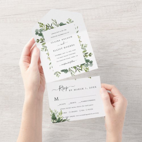 Eucalyptus Green Foliage Wedding All In One Invitation