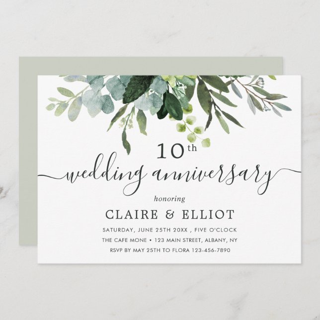 Eucalyptus Green Foliage Wedding Anniversary Invitation (Front/Back)