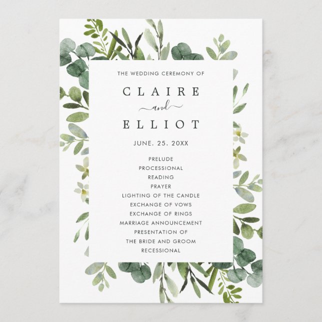 Eucalyptus Green Foliage Wedding Ceremony Program (Front)