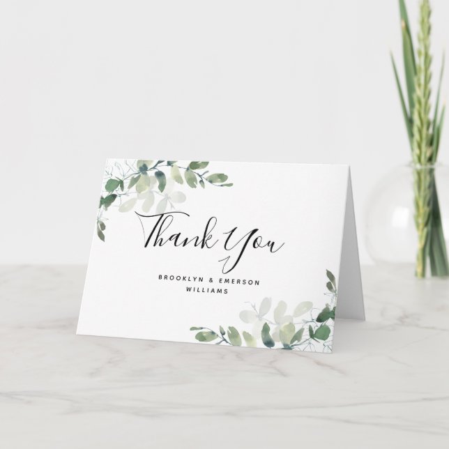 Eucalyptus Green Foliage Wedding Folded Thank You Card (Front)