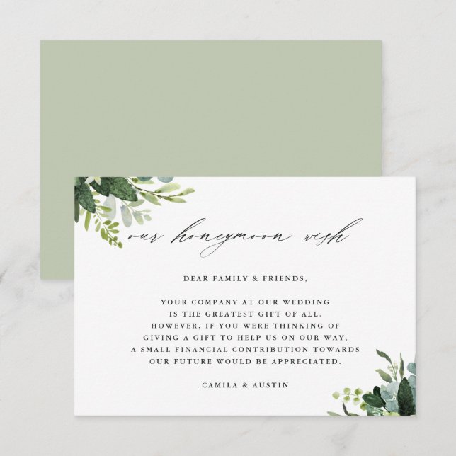 Eucalyptus Green Foliage Wedding Honeymoon Wish Enclosure Card (Front/Back)