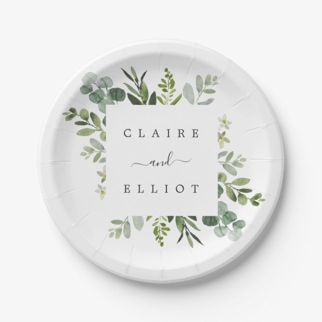 Eucalyptus Green Foliage Wedding Paper Plates (Front)