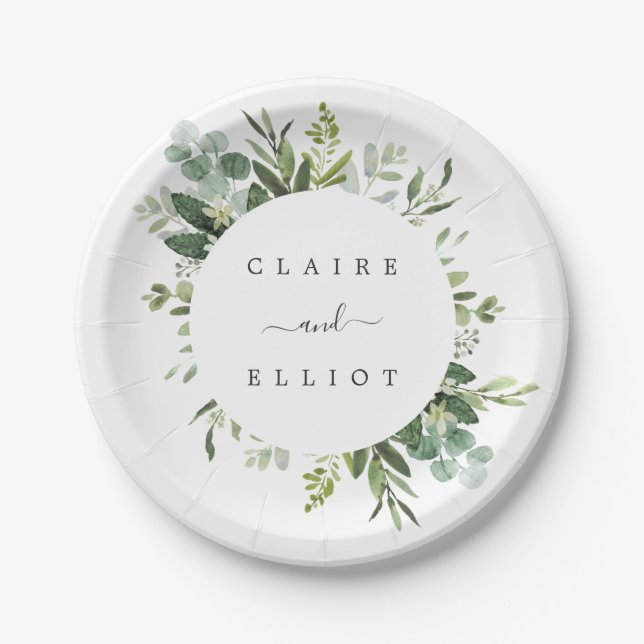 Eucalyptus Green Foliage Wedding Paper Plates (Front)