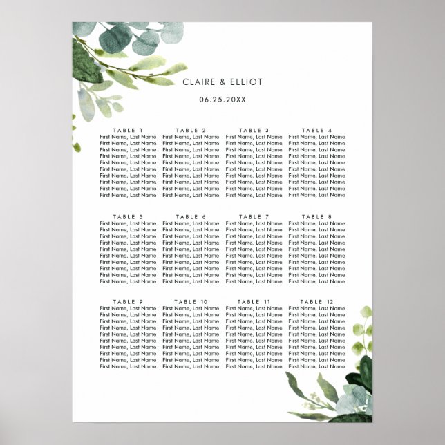 Eucalyptus Green Foliage Wedding Seating Chart (Front)