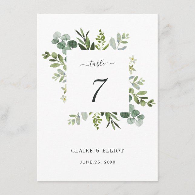 Eucalyptus Green Foliage Wedding Table Number (Front)