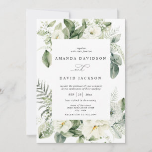 Eucalyptus Green Foliage White Floral Wedding Invitation