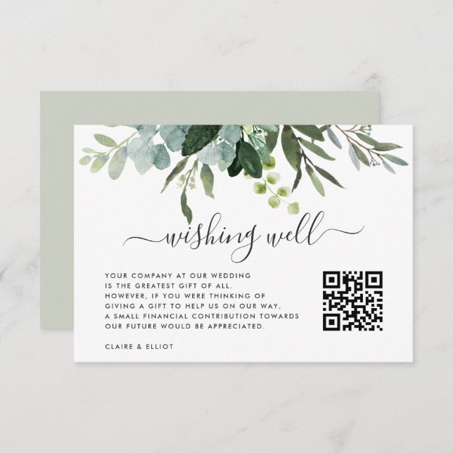 Eucalyptus Green Foliage Wishing Well with QR Code Enclosure Card (Front/Back)