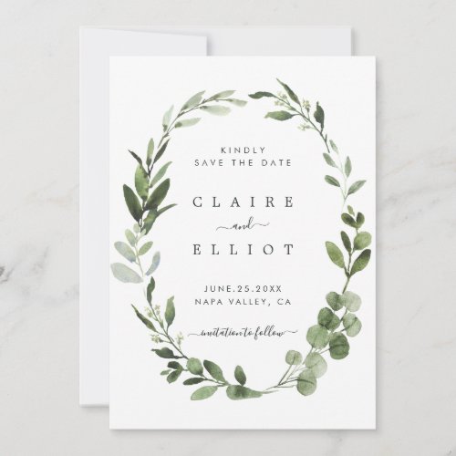 Eucalyptus Green Foliage Wreath Save the Date Card