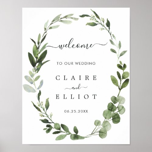 Eucalyptus Green Foliage Wreath Wedding Welcome Poster