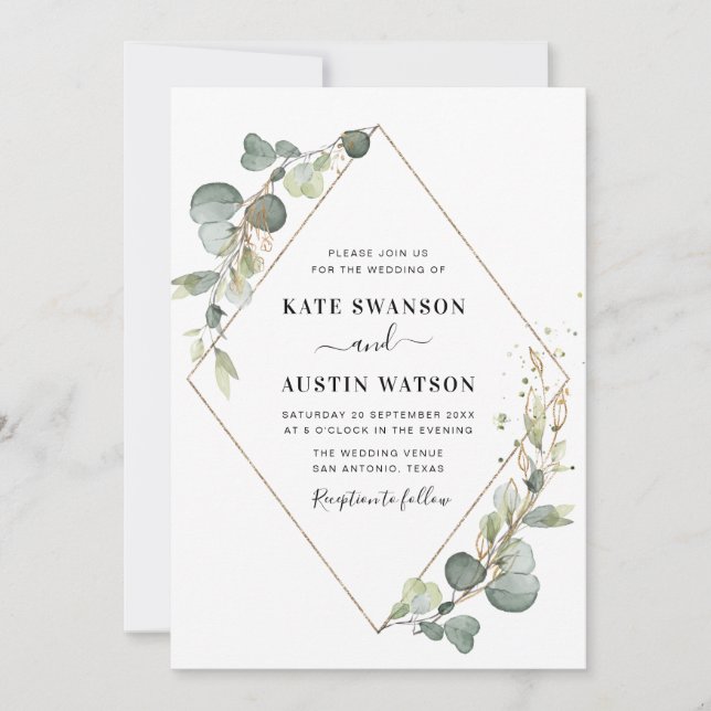 eucalyptus green geometric wedding invitation (Front)