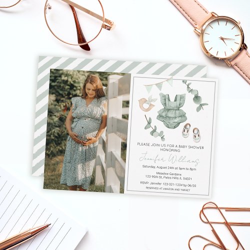 Eucalyptus green girl baby shower photo invitation