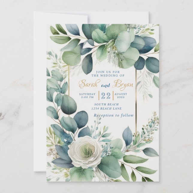 Eucalyptus Green Gold Floral Wedding Invitation (Front)