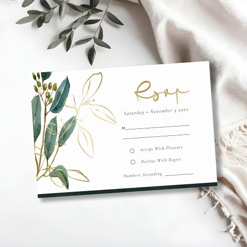 EUCALYPTUS GREEN GOLD FOIL FOLIAGE WEDDING RSVP  E ENCLOSURE CARD