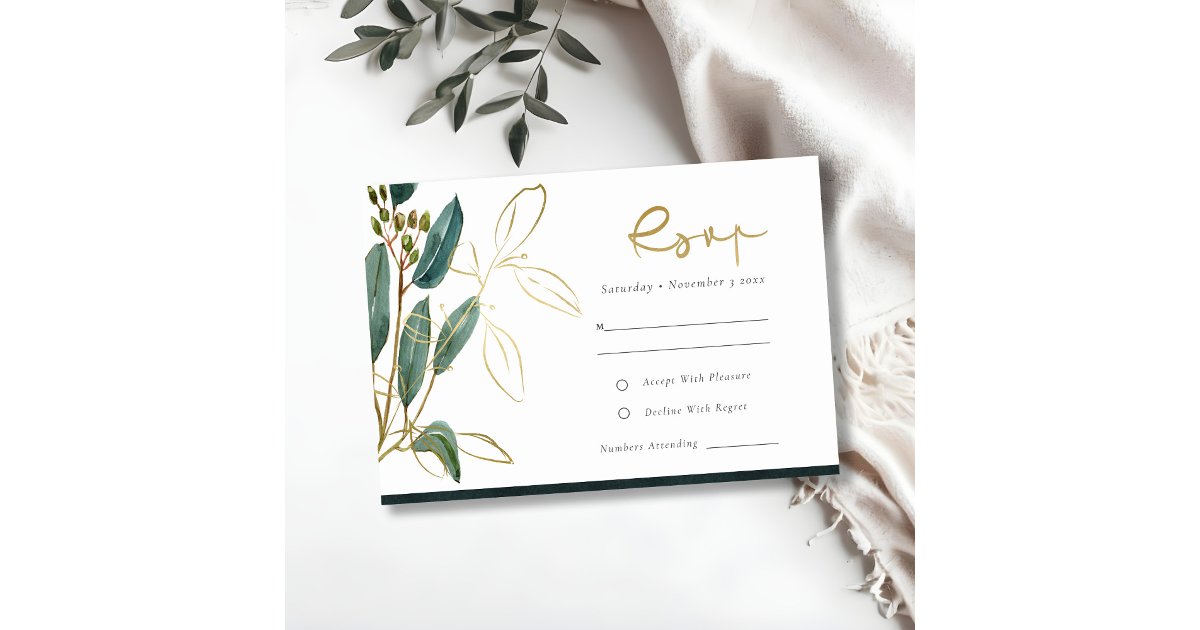 EUCALYPTUS GREEN GOLD FOIL FOLIAGE WEDDING RSVP E ENCLOSURE CARD | Zazzle