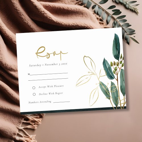 EUCALYPTUS GREEN GOLD FOIL FOLIAGE WEDDING RSVP  ENCLOSURE CARD