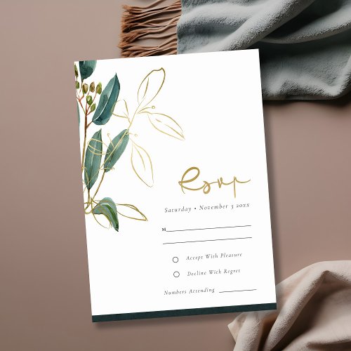 Eucalyptus Green Gold Foil Foliage Wedding RSVP Enclosure Card