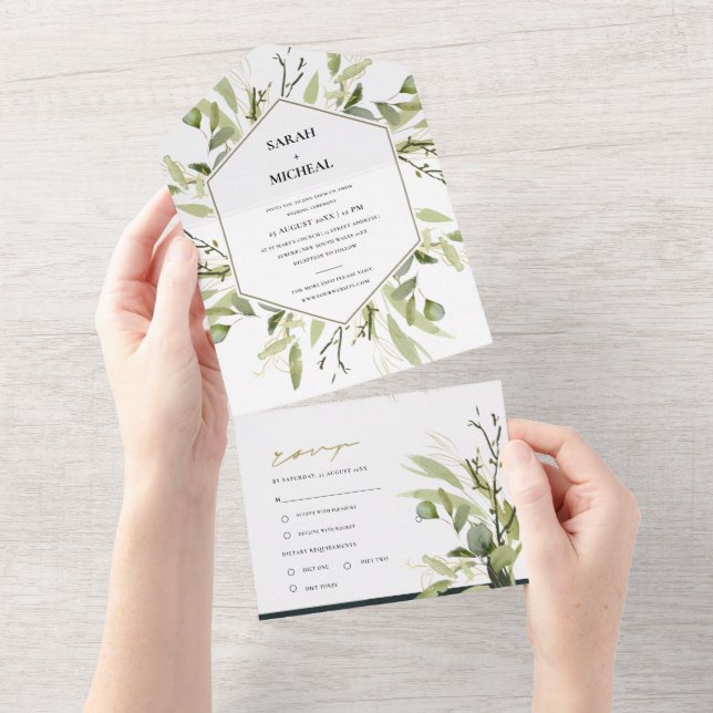 EUCALYPTUS GREEN GOLD FOLIAGE HEXAGONAL WEDDING  ALL IN ONE INVITATION (Tearaway)