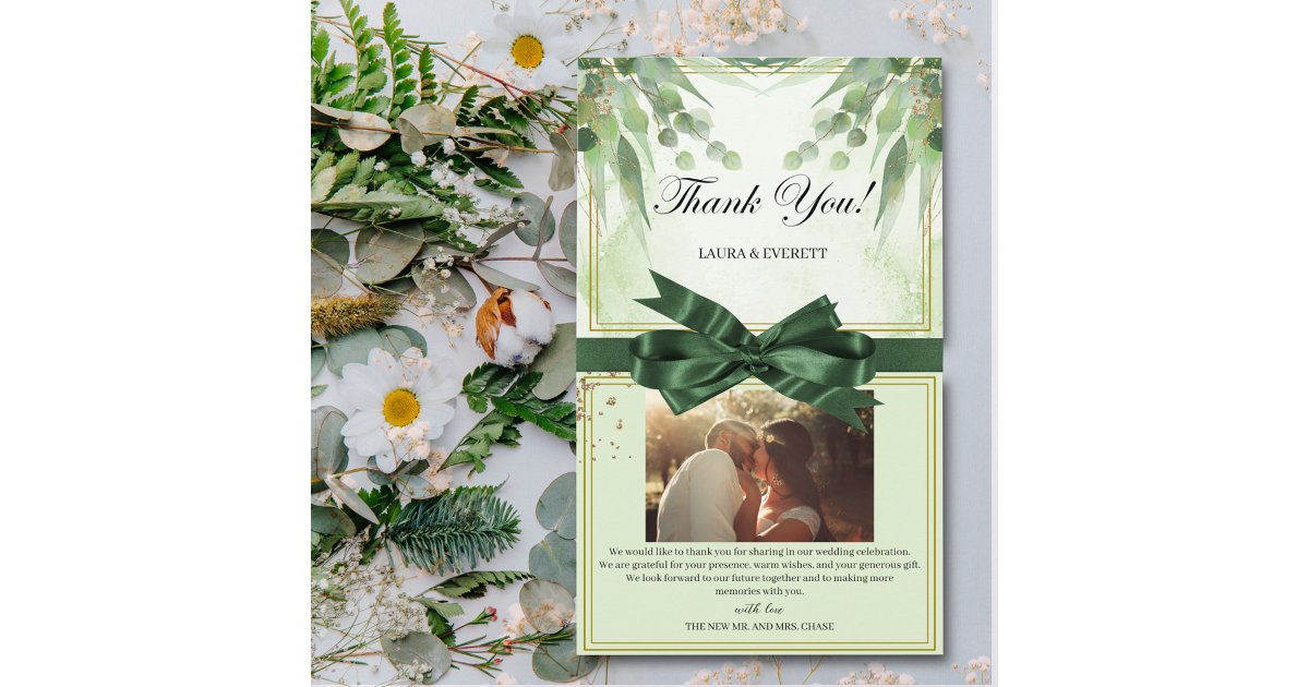 Eucalyptus Green Gold Foliage photo thank you Enclosure Card | Zazzle