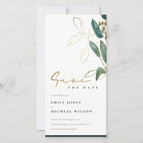 EUCALYPTUS GREEN GOLD FOLIAGE SAVE THE DATE INVITE