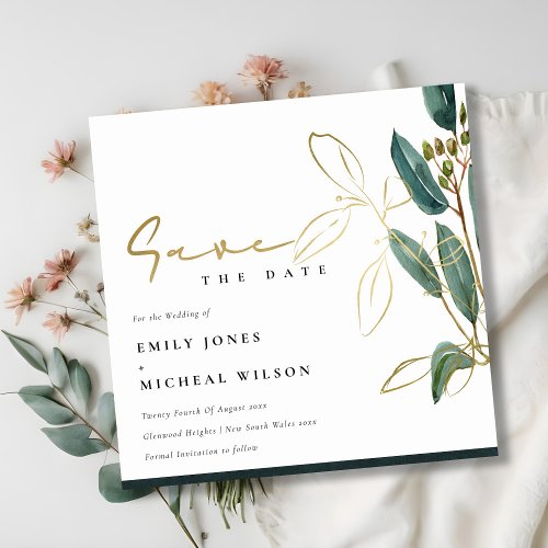 EUCALYPTUS GREEN GOLD FOLIAGE SAVE THE DATE INVITE