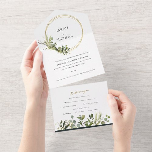 EUCALYPTUS GREEN GOLD FOLIAGE WATERCOLOR WEDDING A ALL IN ONE INVITATION