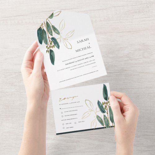EUCALYPTUS GREEN GOLD FOLIAGE WATERCOLOR WEDDING A ALL IN ONE INVITATION