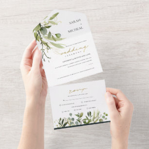 EUCALYPTUS GREEN GOLD FOLIAGE WATERCOLOR WEDDING A ALL IN ONE INVITATION