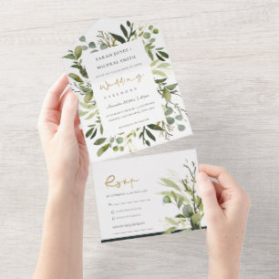 EUCALYPTUS GREEN GOLD FOLIAGE WATERCOLOR WEDDING ALL IN ONE INVITATION