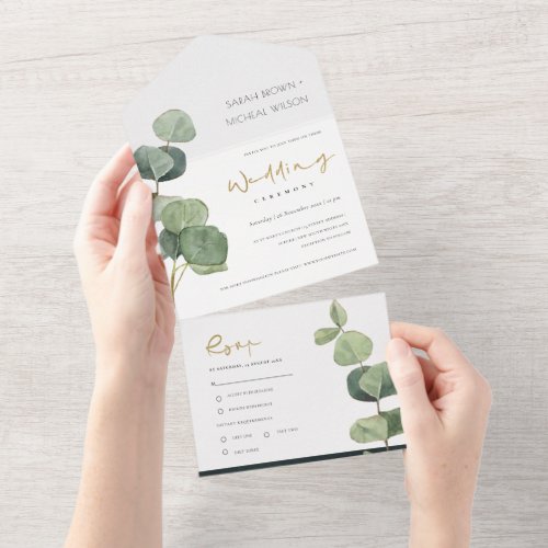 EUCALYPTUS GREEN GOLD FOLIAGE WATERCOLOR WEDDING  ALL IN ONE INVITATION