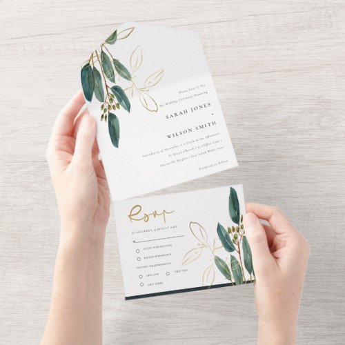 Eucalyptus Green Gold Foliage Watercolor Wedding All In One Invitation