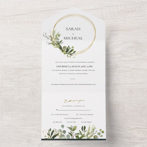 EUCALYPTUS GREEN GOLD FOLIAGE WATERCOLOR WEDDING ALL IN ONE INVITATION