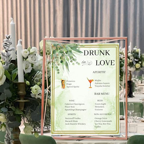 Eucalyptus Green Gold Foliage Wedding Bar Menu Poster