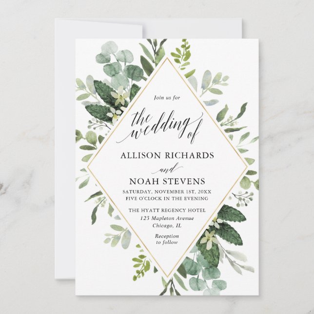 Eucalyptus green gold geometric modern wedding invitation (Front)