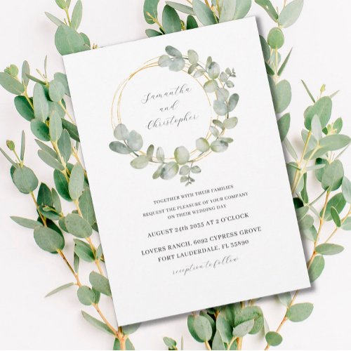 Eucalyptus Green  Gold Watercolor Wreath Wedding  Invitation