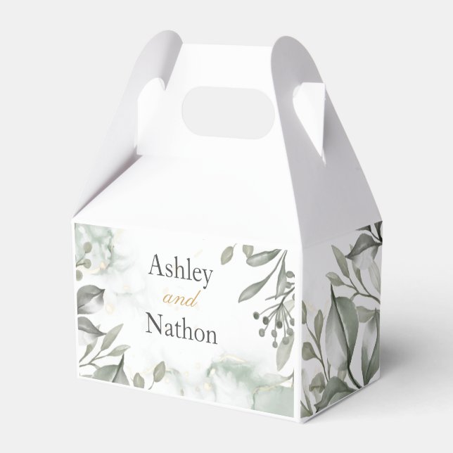Eucalyptus green & gold watercolour Wedding Favor Boxes (Front Side)