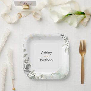 Eucalyptus green & gold watercolour Wedding Paper Plates