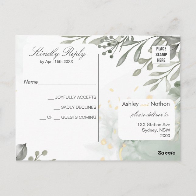 Eucalyptus green & gold watercolour Wedding Postcard (Back)