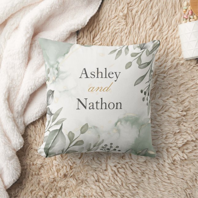 Eucalyptus green & gold watercolour Wedding Throw Pillow (Blanket)