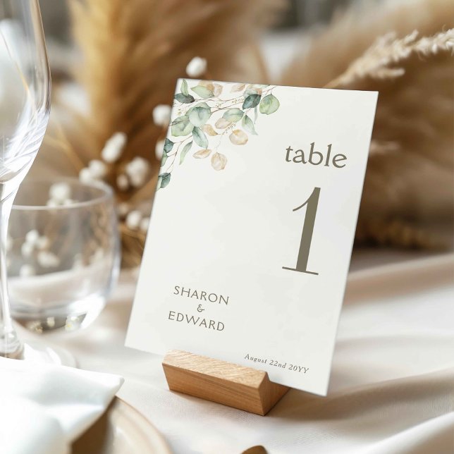 Eucalyptus Green & Gold Wedding 5x7 Table Number (Creator Uploaded)