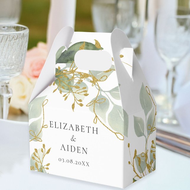 Eucalyptus Green Gold Wedding  Favor Boxes (Personalized White Greenery Gold Eucalyptus Wedding Box with your names and date.)