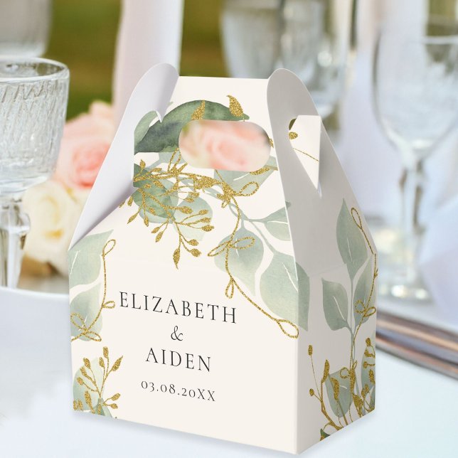 Eucalyptus Green Gold Wedding  Favor Boxes (Personalized Beige Greenery Gold Eucalyptus Wedding Box with your names and date.)
