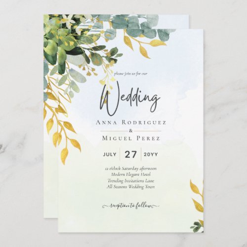 Eucalyptus Green Gold Wedding Invite Greenery 