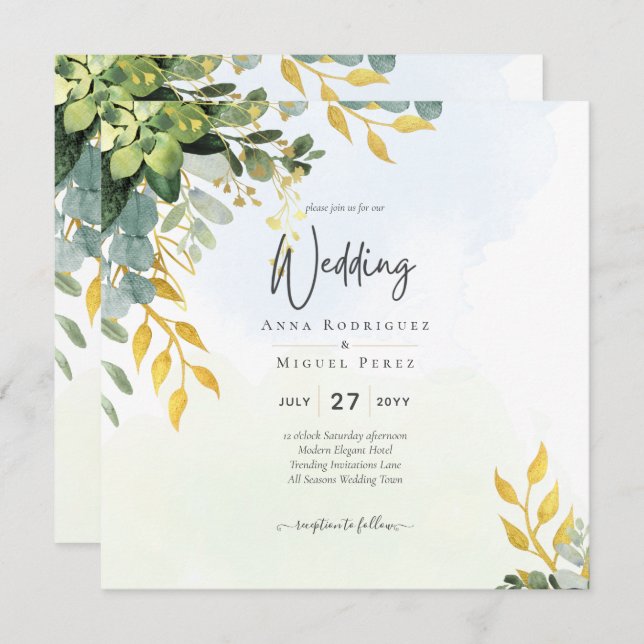 Eucalyptus Green Gold Wedding Invite Greenery  (Front/Back)