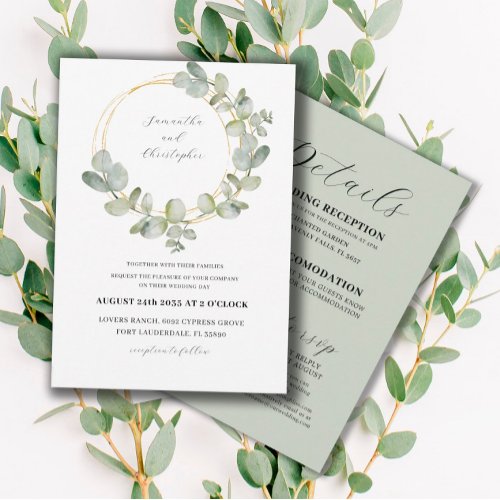 Eucalyptus Green  Gold Wreath All In One Wedding Invitation