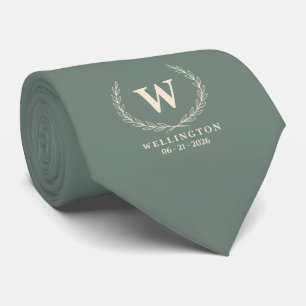 Eucalyptus Green Ivory Laurel Monogram Wedding Neck Tie