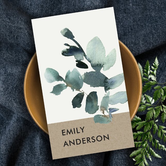 EUCALYPTUS GREEN KRAFT FOLIAGE BRANCH WATERCOLOR BUSINESS CARD (Creator Uploaded)