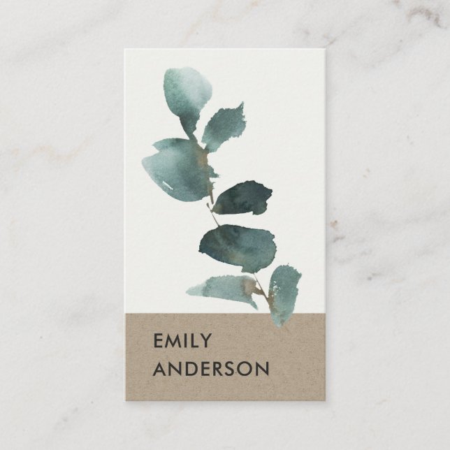 EUCALYPTUS GREEN KRAFT FOLIAGE BRANCH WATERCOLOR BUSINESS CARD (Front)