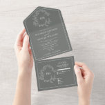 Eucalyptus Green Leafy Crest Monogram Wedding All In One Invitation<br><div class="desc">We're loving this trendy, modern eucalyptus green All-in-one Simple, elegant, and oh-so-pretty, it features a hand drawn leafy wreath encircling a modern wedding monogram. It is personalized in elegant typography, and accented with hand-lettered calligraphy. Finally, it is trimmed in a delicate frame. To remove meal choices in the RSVP section,...</div>