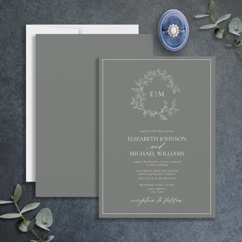 Eucalyptus Green Leafy Crest Monogram Wedding Invitation