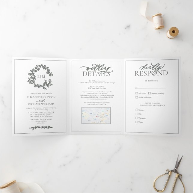 Eucalyptus Green Leafy Crest Monogram Wedding Tri-Fold Invitation (Inside)